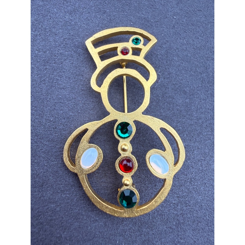 Vintage Snowman Brooch Gold Tone Rhinestone Faux Opal Holiday Pin Retro 80s